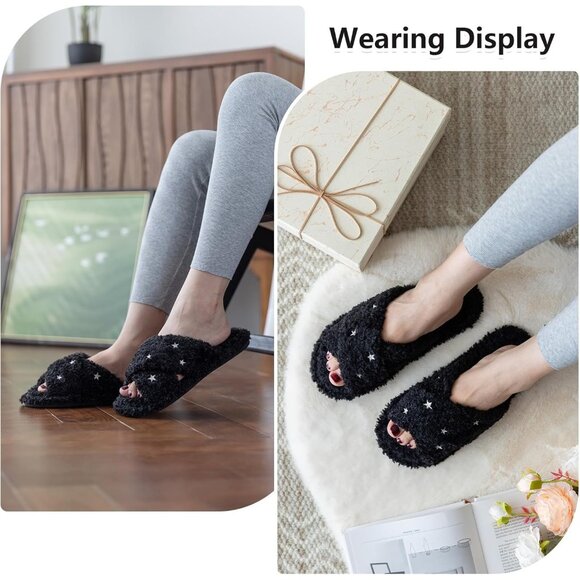 ⚡Women’s Black Star Faux Fur Cozy Fuzzy Cross Band Slippers Indoor House Shoes - Picture 2 of 6